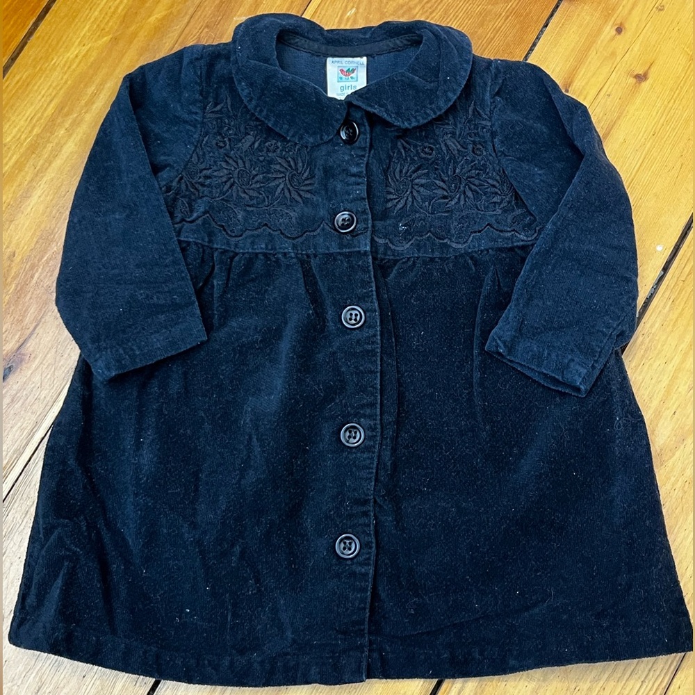 April Cornell Black Velvet Dress Embroidered Yoke Peter Pan Collar Vintage Style